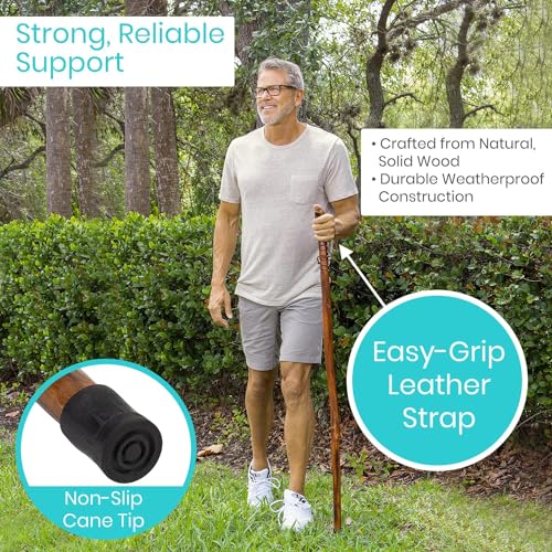 Vive Wooden Walking Stick for Hiking - Balance & Hiking Staff - Wood Walking Stick for Men, Women, Seniors - Strong, Non-Slip Wood Cane for Stability - Handcrafted, Waterproof, Leather Wrist Strap - style: 48 Inches
