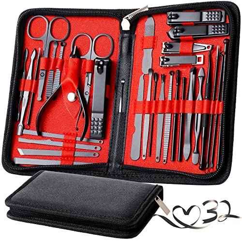 Manicure Set Pedicure Kit Womens Nail Clippers Set 32 in 1 Professional Grooming Care Tools Nail Kit Including Facial, Fingernails and Toenails Care with Travel Case Women (Wine-colored 32 in 1) - color: Wine-colored 32 in 1