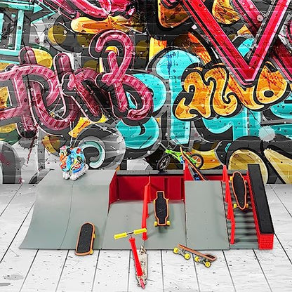 Finger Skateboard Park Kits (9 in 1),Finger Skateboard Ramp Set with 5 Fingerboards, Finger Scooter,Finger Bike,Finger Skateshoes and Finger Pants,Skateboard Toys Christmas Birthday Gift for Kids