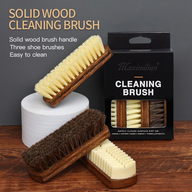 MAXIMILIAN Shoe Shine Brush Kit 3Pcs Suede Brush Solid Wood Shoe Brushes | Horsehair Shoe Brush for Polishing,Crepe Suede Brush,Leather&Suede&Nubuck Shoe Cleaning kit,Remove Stains Spots Restore Suede