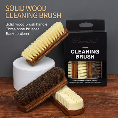 MAXIMILIAN Shoe Shine Brush Kit 3Pcs Suede Brush Solid Wood Shoe Brushes | Horsehair Shoe Brush for Polishing,Crepe Suede Brush,Leather&Suede&Nubuck Shoe Cleaning kit,Remove Stains Spots Restore Suede