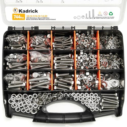 Kadrick 744Pcs 18-8(304) Stainless Steel Hex Bolts Assortment,1/4-20 5/16-18 3/8-16 Heavy Duty Bolts and Nuts Kit, Assorted SAE Bolts Nuts Flat&Lock Washers,Lenth Form 1/2''-2'' - size: 744Pcs SAE HEX Stainless