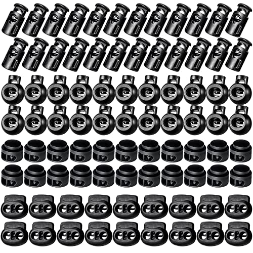 320Pcs Plastic Cord Locks, Single Double Hole Spring Stop Toggle Stoppers | Hoodie String Stoppers for Drawstrings, Shoelaces, Bags, More, 4 Styles - color: Black 320pcs