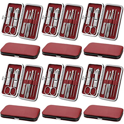 Geosar 12 Sets Manicure Set Nail Clippers Pedicure Kit 8 in 1 Grooming Stainless Steel Kits Nail Care Tools with Travel Case for Employee Coworker Teachers Nurse Gifts(Wine Red) - color: Wine Red
