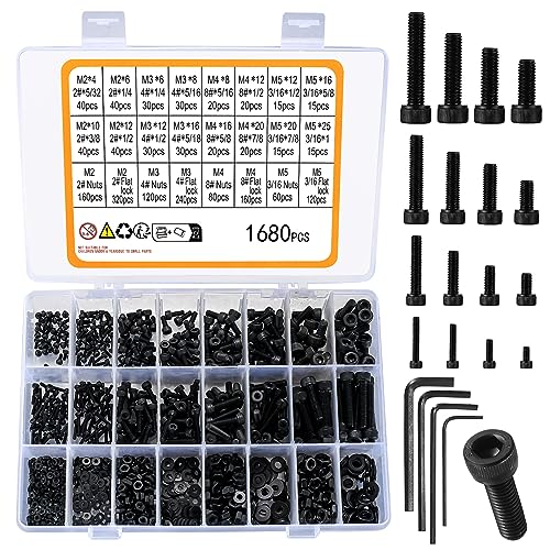 1680 Pcs M2 M3 M4 M5 Metric Hex Head Bolts and Nuts and Washers Set, Hex Socket Head Cap Screws Bolts and Nuts and Washers Assortment Kit, Black Machine Screws Set | Machine Bolt Nut Washer Assortment Kit Hardware Fastener