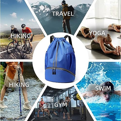 Valleycomfy Sports Drawstring Backpack - Water Resistant String Bag Blue | with Side Mesh Pockets Shoe Compartment Gym Backpack for Women & Men - color: A-blue