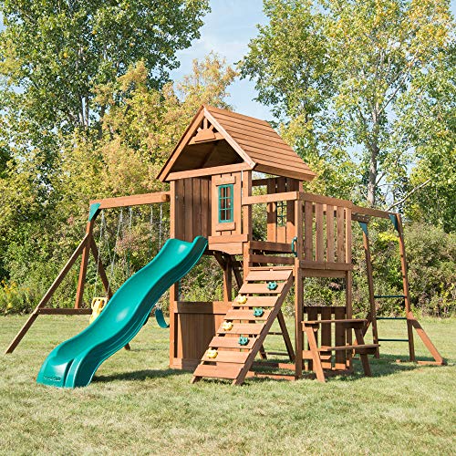 Swing-N-Slide WS 8352 Knightsbridge Ultimate Wooden Swing Set with Slide, Play Set, Monkey Bars, Climbing Wall, Wood Roof, Picnic Table & Glider, Wood, Green - size: Knightsbridge Ultimate