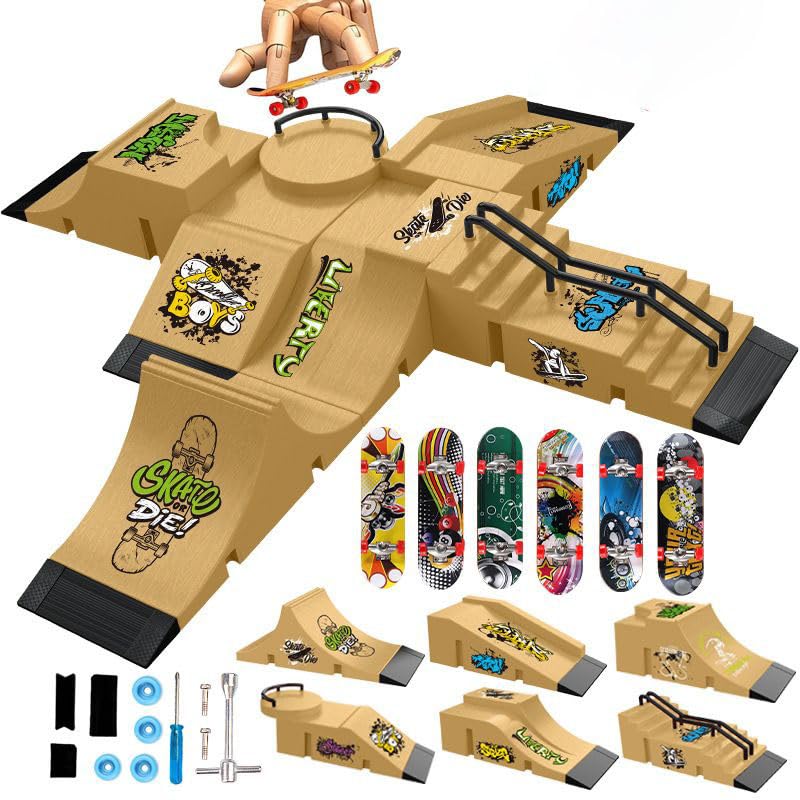 Fingerboard Skate Park Set Compatible with Tech Deck Skateboards, Includes 6 Ramps, 6 Fingerboards, and Obstacles, Ideal for Fingerboard Enthusiasts (Yellow)