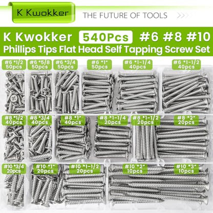 540Pcs #6#8#10 Self Tapping Screws Wood Screws Assortment Kit Phillips Tips Flat Head Drywall Screws, 17 Sizes Set Screw Assortment Kit, 304 Stainless Steel, Length 1/2" to 3", Silver - size: G. #6- #10