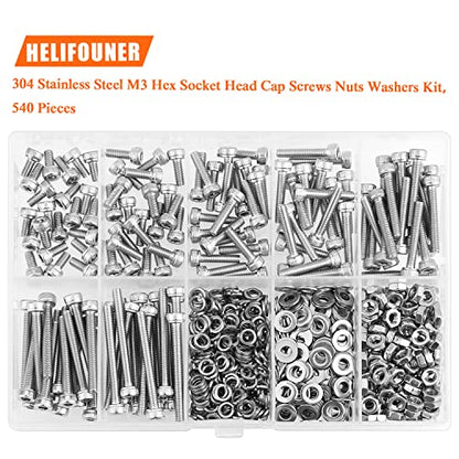 HELIFOUNER 540 Pieces M3 x 6mm /8mm /12mm /16mm /20mm /25mm /30mm, Hex Socket Head Cap Screws Bolts Washers Nuts Kit, 304 Stainless Steel - size: M3, style: Socket Head Screws