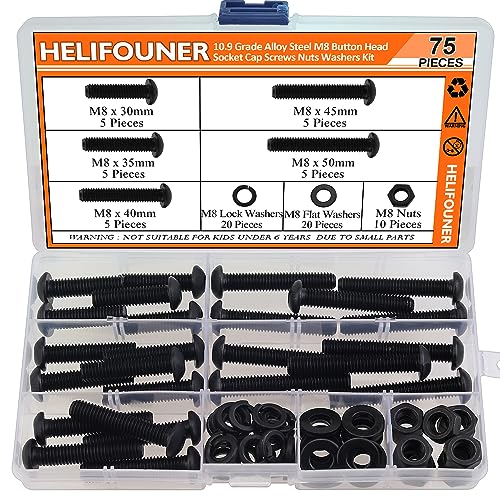 HELIFOUNER 75 Pieces M8 x 30mm /35mm /40mm /45mm /50mm, Button Head Socket Cap Metric Screws Bolts Washers Nuts Kit, 10.9 Grade Alloy Steel, Fully Threaded, Black - size: M8 x 30/35/40/45/50mm, style: Button Head