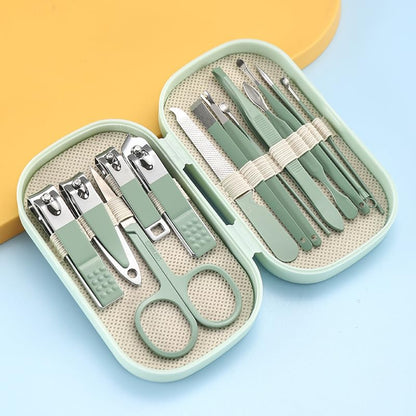 14pcs Stainless Steel Manicure and Pedicure Tool Set with Portable Storage Case, Modern-Style Curved Nail Clippers and Grooming Tools, Nail Care Kit Suitable for Men and Women, Green