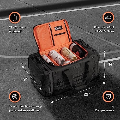 Fitdom 22" Sneaker Bag for Travel, TSA Carry-On Size Approved | Personal Sports Equipment, Soccer, Basketball and more, Multi-functional Duffle, 3 Adjustable Padded Dividers, Shoulder Strap