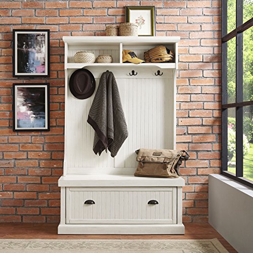 Crosley Furniture Seaside Hall Tree with Shoe Rack Bench and Coat Hooks for Hanging Storage, Distressed White - color: Distressed White, style: Hall Tree