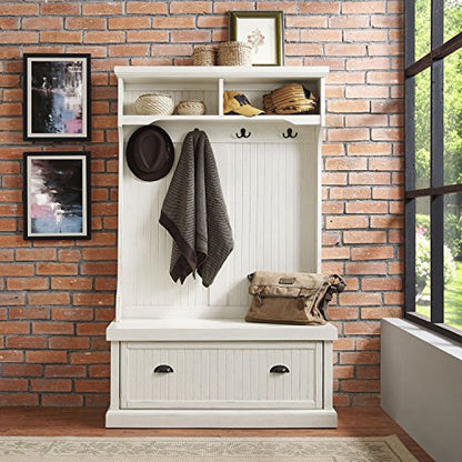Crosley Furniture Seaside Hall Tree with Shoe Rack Bench and Coat Hooks for Hanging Storage, Distressed White - color: Distressed White, style: Hall Tree