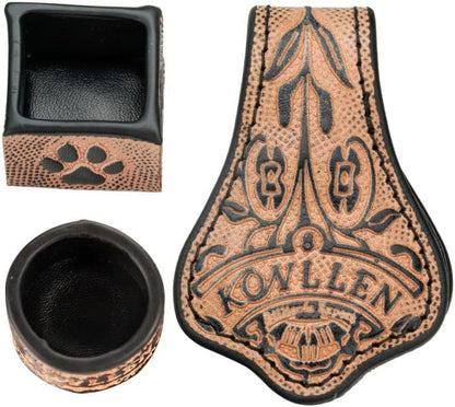 KONLLEN Leather Magnetic Chalk Holder, Pool Cue Accessory | Round or square engraved leather holder keeps billiard chalk secure and easy to reach during pool play. - color: VT Round Holder-Black