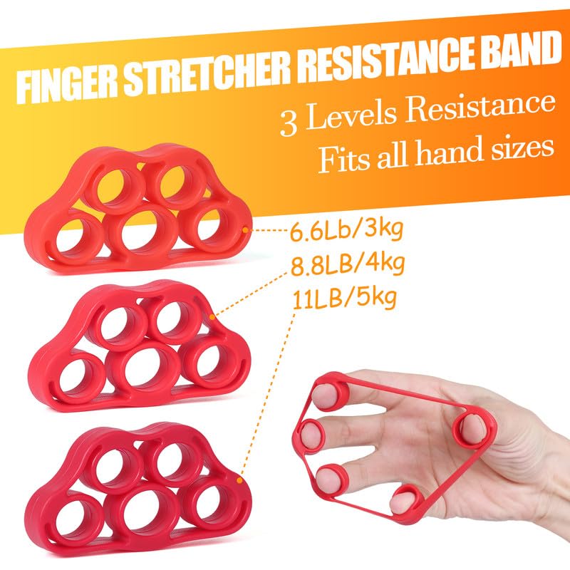 Grip Strength Trainer 7 Pack Adjustable Hand Gripper, Finger Stretcher Resistance Extensor Bands, Finger Exerciser, Grip Strength Ring & Stress Ball, Hand Grip Strengthener - color: Red
