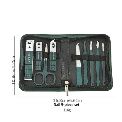 Professional Manicure Pedicure Set 10PCS Stainless Steel Nail Clipper Grooming Kit with Cuticle Trimmer Toenail Cutter Nail File Tweezers Ear Pick Travel Case for Hand Foot Care Emerald Green