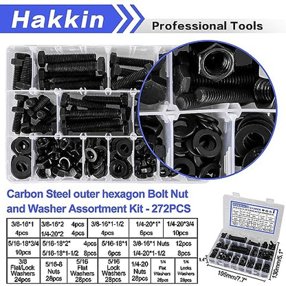 272PCS Hex Bolts and Nuts Kit, 1/4, 5/16, 3/8 Hex Bolts Screws Nuts Flat Lock Washers Assortment Kit, Carbon Steel Machine Screws Set Grade 8.8 (Black) - size: 272PCS 1/4 5/16 3/8 Hex Bolts Black