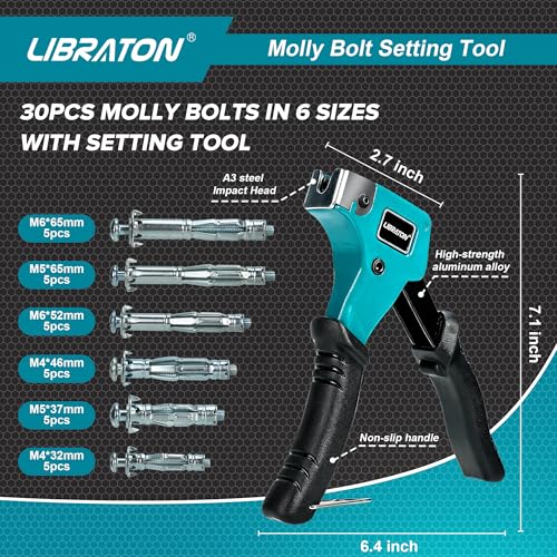 LIBRATON Molly Bolts for Drywall & Plaster Walls (0.12"-1.52"), 30PCS in 6 Sizes with Setting Tool, Heavy Duty Hollow Wall Metal Anchors Screws Kit, Holds Up to 65lbs, for TV, Shelf, Mirror