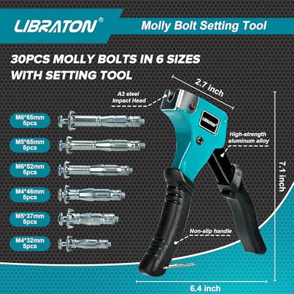 LIBRATON Molly Bolts for Drywall & Plaster Walls (0.12"-1.52"), 30PCS in 6 Sizes with Setting Tool, Heavy Duty Hollow Wall Metal Anchors Screws Kit, Holds Up to 65lbs, for TV, Shelf, Mirror