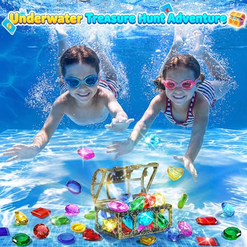 Diving Toys for Kids, Seek Treasure Underwater Pool Gem Hunt Pool Game | with 60PCS Sinking Gems, Pirate Treasure Chest, 35PCS Game Cards, Summer Swimming Pool Toys for Toddlers Kids Age 3-10