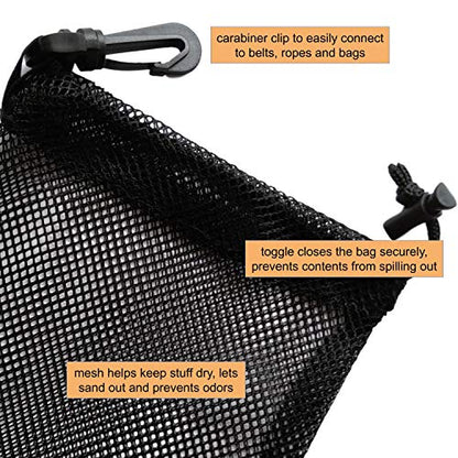 PALTERWEAR Small Mesh Drawstring Bag With Clip and Toggle Closure (Set of 4, Black, 6 x 8 inch) for Watersports, Outdoor, Gym - size: 6 x 8 inch