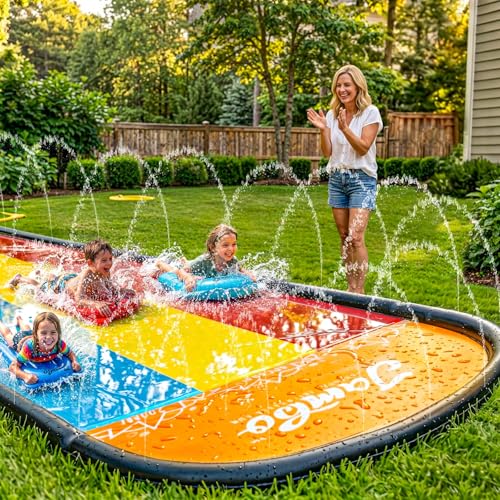 JAMBO Premium Triple Water Slide with 3 Bodyboards, 20Ft Heavy Duty Slip Splash and Slides-Advanced 3-Way Sprinkler System, Splash Pad Mat Backyard Summer Outdoor Water Toys n Long Slides for Kids - color: 20' Multicolor