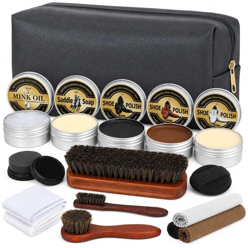 16-in-1 Shoe Polish Kit, Leather Shine Care Cleaning Kit, Black Brown Neutral Shoe Polish, Saddle Soap Mink Oil for Boots, 3 Horsehair Brushes, Sponges, Cloth with Travel Bag, Gift for Men Women