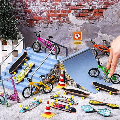 Skylety 31 Pieces Mini Finger Toys Set for Boy Girl Includes 6 Finger Skateboards, 4 Bikes, 2 Mini Scooters 4 Swing Board 8 Matched Wheels 7 Tool Accessories Educational Toy Party Favor(Fun) - style: Fun
