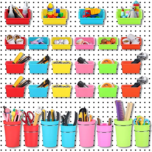 Roowest 60 Pcs Pegboard Cups Pegboard Bins Set, Wall Organizer with Hooks and Loops, Hooks Assortment Organizer Accessory for Office Storage Garage Craft Workshop(Multi Colors) - color: Multi Colors