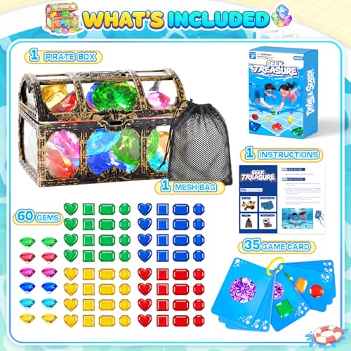 Diving Toys for Kids, Seek Treasure Underwater Pool Gem Hunt Pool Game | with 60PCS Sinking Gems, Pirate Treasure Chest, 35PCS Game Cards, Summer Swimming Pool Toys for Toddlers Kids Age 3-10