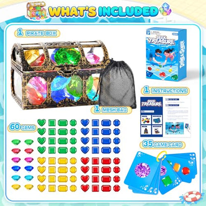 Diving Toys for Kids, Seek Treasure Underwater Pool Gem Hunt Pool Game | with 60PCS Sinking Gems, Pirate Treasure Chest, 35PCS Game Cards, Summer Swimming Pool Toys for Toddlers Kids Age 3-10