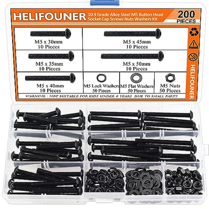 HELIFOUNER 200 Pieces M5 x 30mm /35mm /40mm /45mm /50mm, Button Head Socket Cap Metric Screws Bolts Washers Nuts Kit, 10.9 Grade Alloy Steel, Fully Threaded, Black - size: M5 x 30/35/40/45/50mm, style: Button Head