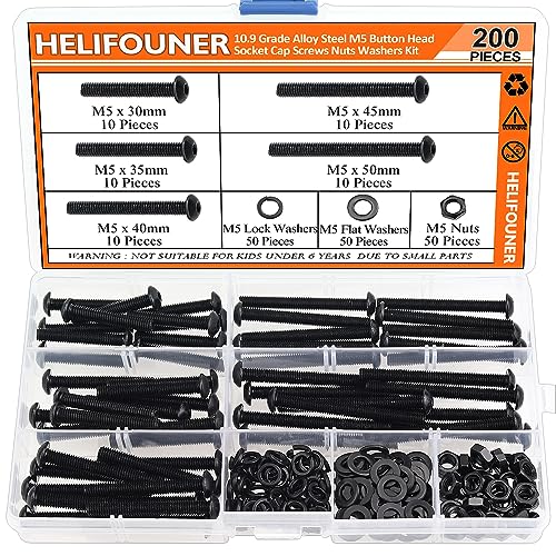 HELIFOUNER 200 Pieces M5 x 30mm /35mm /40mm /45mm /50mm, Button Head Socket Cap Metric Screws Bolts Washers Nuts Kit, 10.9 Grade Alloy Steel, Fully Threaded, Black - size: M5 x 30/35/40/45/50mm, style: Button Head