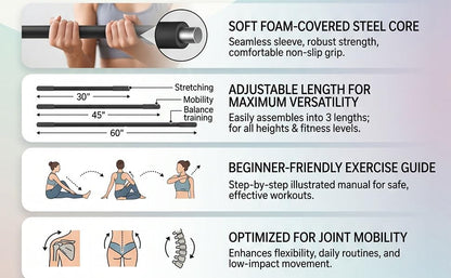 Semme Adjustable Yoga Stick Exercise Bar Stretching Mobility Pole with 3 Lengths 30 45 60 Inches Full Foam Sleeve for Home Gym Pilates Flexibility Training