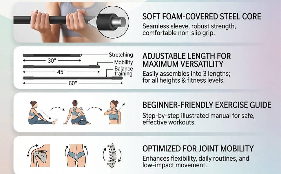 YUYTE Adjustable Yoga Stick 3 Lengths 30 45 60 Inch Foam Sleeve Steel Core Exercise Stretching Bar for Flexibility Training Pilates Home Gym Workouts