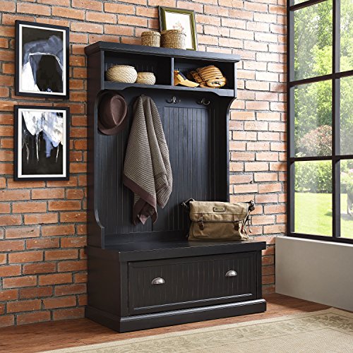 Crosley Furniture Seaside Hall Tree with Shoe Rack Bench and Hooks for Hanging Storage, Distressed Black - color: Distressed Black, style: Hall Tree