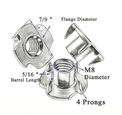 M8 T-Nuts for Climbing Wall: 30 Pack 4 Pronged Tee Nuts Zinc Plated Threaded Inserts - No Rust No Spin - size: M8(30Pack)