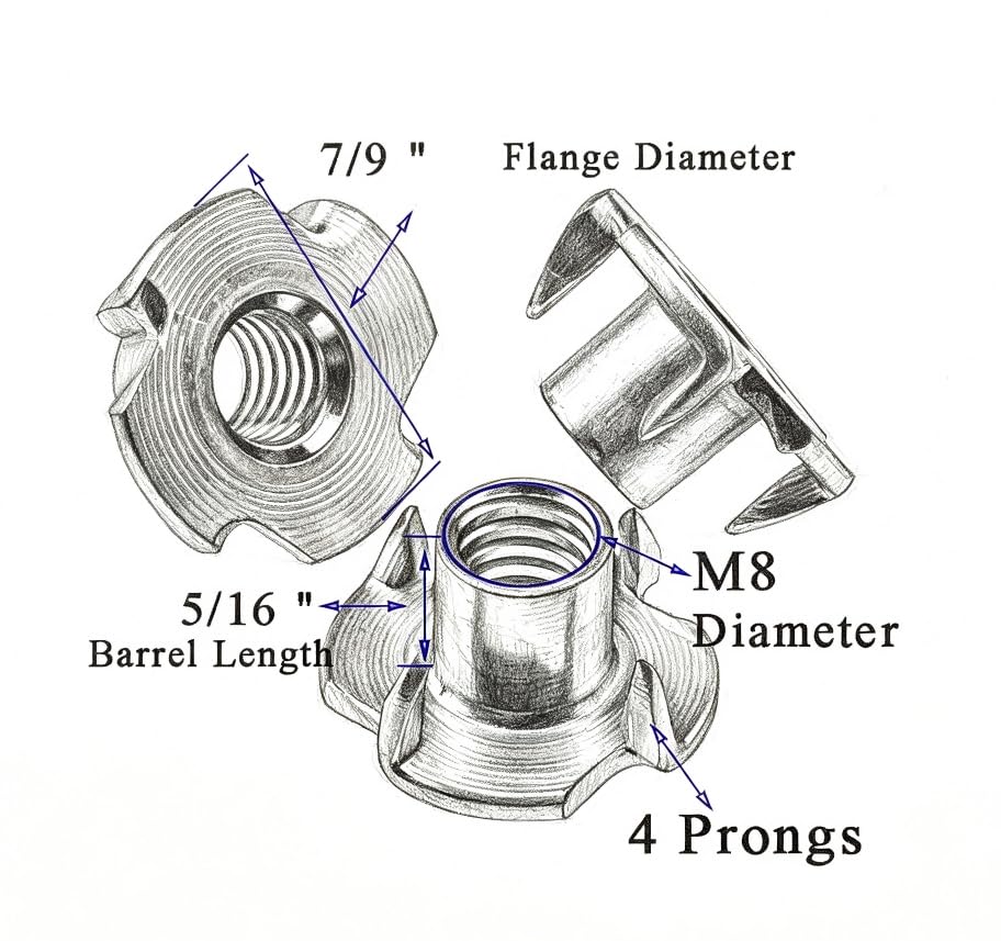 M8 T-Nuts for Climbing Wall: 30 Pack 4 Pronged Tee Nuts Zinc Plated Threaded Inserts - No Rust No Spin - size: M8(30Pack)