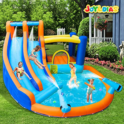 JOYLDIAS Inflatable Water Slide Bounce House,Giant Water Park, Double Slide Bouncer Castle w/Splash Pool, Jump Area, Climbing Wall, 550W Air Blower for Kids Backyard Indoor Outdoor Use,Free Water Gun - color: 6 in 1