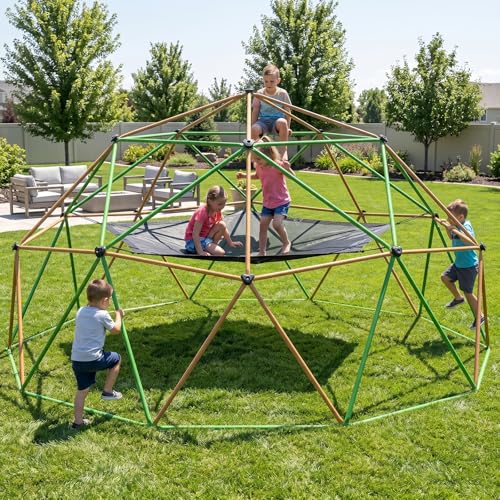 Gardenature 13FT Climbing Dome with Hammock and Swing, Outdoor Jungle Gym for Kids, Geometric Dome Climber Supporting 880 Lbs Anti-Rust Metal Outdoor Play Structure ASTM Approved, Brown & Green, Steel - color: Brown With Hammock & Swing, size: 13FT