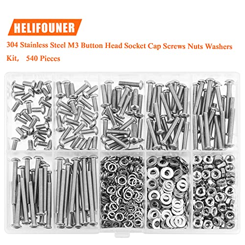HELIFOUNER 540 Pieces M3 x 6mm /8mm /12mm /16mm /20mm /25mm /30mm, Button Head Socket Cap Screws Bolts Washers Nuts Kit, 304 Stainless Steel - size: M3, style: Button Head Screws
