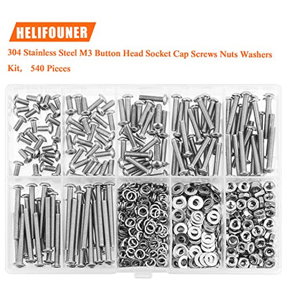HELIFOUNER 540 Pieces M3 x 6mm /8mm /12mm /16mm /20mm /25mm /30mm, Button Head Socket Cap Screws Bolts Washers Nuts Kit, 304 Stainless Steel - size: M3, style: Button Head Screws