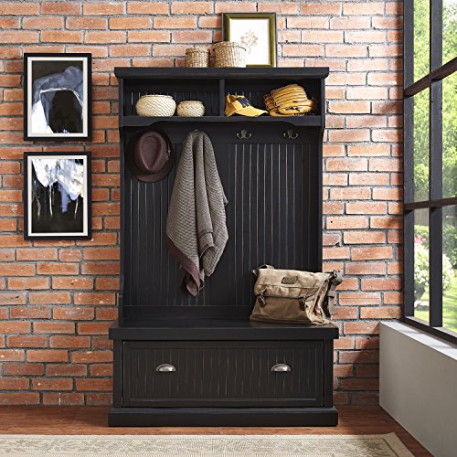 Crosley Furniture Seaside Hall Tree with Shoe Rack Bench and Hooks for Hanging Storage, Distressed Black - color: Distressed Black, style: Hall Tree