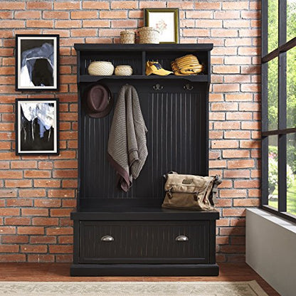 Crosley Furniture Seaside Hall Tree with Shoe Rack Bench and Hooks for Hanging Storage, Distressed Black - color: Distressed Black, style: Hall Tree