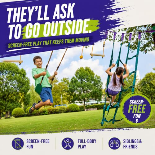 Trailblaze Ninja Warrior Obstacle Course for Kids - Ultimate Outdoor Fun 2x55 Ft Ninja Slackline Climbing Net Rope Ladder Trapeze Swing Monkey Bars - Durable and Safe Ninja Course for Kids Outside | 450lb Capacity Ultimate Outdoor Fun and Durable Ninja Co