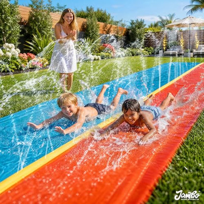 JAMBO Premium 18Ft Budget Slip Splash and Slide, Heavy Duty Water Slide with Advanced Sprinkler System, Backyard Waterslide, Splash Mat, Outdoor Water Toys n Slides for Kids - color: 18' Multicolor