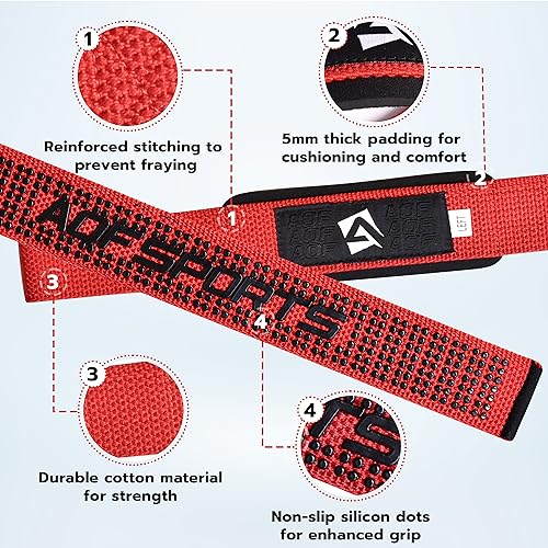 AQF Weight Lifting Straps, Padded Cotton Gym Wrist Straps for Deadlifts | 23" Extra-Long, Heavy-Duty Webbing, 5mm Neoprene Cushioning, Open-Loop Design, Sold as Pair, Ideal for Rows & Pull Workout - color: Red Gel Grip