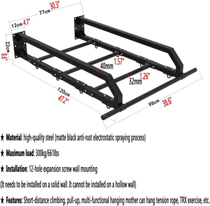 Wall Mounted Large Depth Single and Double Bar Pull-Up Climbing Frame, Exercise Children's Swing Ring Frame, Multi-Functional Strength, Load-Bearing 300 Kg